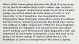 Which of the following best describes the effect of temperature on the chemical reactions that result in ozone layer depletion? An increase in global temperatures causes an increase in kinetic energy, so chlorine atoms can break down ozone faster and more often in the troposphere. Low temperatures in the stratosphere break down polar stratospheric clouds that release harmful chlorine containing compounds that break down ozone. The increase in carbon dioxide and methane in the atmosphere released from anthropogenic and natural sources break down ozone, creating ozone thinning over highly populated areas. Low temperatures create polar stratospheric clouds that lead to the production of free radicals of chlorine, which result in the breakdown of ozone at the beginning of the antarctic spring.