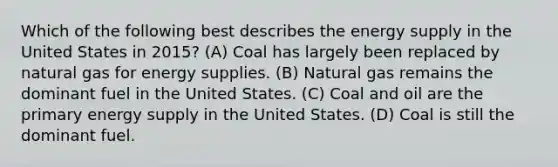 Which of the following best describes the energy supply in the United States in 2015? (A) Coal has largely been replaced by natural gas for energy supplies. (B) Natural gas remains the dominant fuel in the United States. (C) Coal and oil are the primary energy supply in the United States. (D) Coal is still the dominant fuel.