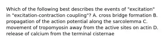 Which of the following best describes the events of "excitation" in "excitation-contraction coupling"? A. cross bridge formation B. propagation of the action potential along the sarcolemma C. movement of tropomyosin away from the active sites on actin D. release of calcium from the terminal cisternae