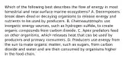 Which of the following best describes the flow of energy in most terrestrial and near-surface marine ecosystems? A. Decomposers break down dead or decaying organisms to release energy and nutrients to be used by producers. B. Chemoautotrophs use inorganic energy sources, such as hydrogen sulfide, to create organic compounds from carbon dioxide. C. Apex predators feed on other organisms, which releases heat that can be used by producers and primary consumers. D. Producers use energy from the sun to make organic matter, such as sugars, from carbon dioxide and water and are then consumed by organisms higher in the food chain.