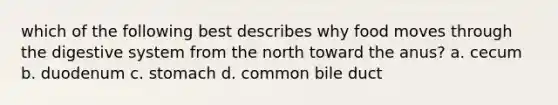 which of the following best describes why food moves through the digestive system from the north toward the anus? a. cecum b. duodenum c. stomach d. common bile duct