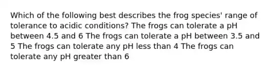 Which of the following best describes the frog species' range of tolerance to acidic conditions? The frogs can tolerate a pH between 4.5 and 6 The frogs can tolerate a pH between 3.5 and 5 The frogs can tolerate any pH <a href='https://www.questionai.com/knowledge/k7BtlYpAMX-less-than' class='anchor-knowledge'>less than</a> 4 The frogs can tolerate any pH <a href='https://www.questionai.com/knowledge/ktgHnBD4o3-greater-than' class='anchor-knowledge'>greater than</a> 6