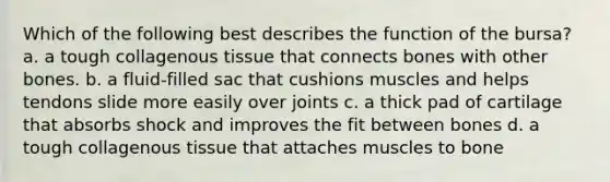 Which of the following best describes the function of the bursa? a. a tough collagenous tissue that connects bones with other bones. b. a fluid-filled sac that cushions muscles and helps tendons slide more easily over joints c. a thick pad of cartilage that absorbs shock and improves the fit between bones d. a tough collagenous tissue that attaches muscles to bone