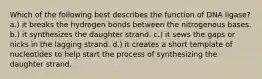 Which of the following best describes the function of DNA ligase? a.) it breaks the hydrogen bonds between the nitrogenous bases. b.) it synthesizes the daughter strand. c.) it sews the gaps or nicks in the lagging strand. d.) it creates a short template of nucleotides to help start the process of synthesizing the daughter strand.