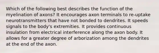 Which of the following best describes the function of the myelination of axons? It encourages axon terminals to re-uptake neurotransmitters that have not bonded to dendrites. It speeds signals to the body's extremities. It provides continuous insulation from electrical interference along the axon body. It allows for a greater degree of arborization among the dendrites at the end of the axon.