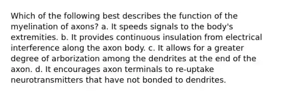 Which of the following best describes the function of the myelination of axons? a. It speeds signals to the body's extremities. b. It provides continuous insulation from electrical interference along the axon body. c. It allows for a greater degree of arborization among the dendrites at the end of the axon. d. It encourages axon terminals to re-uptake neurotransmitters that have not bonded to dendrites.