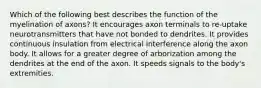 Which of the following best describes the function of the myelination of axons? It encourages axon terminals to re-uptake neurotransmitters that have not bonded to dendrites. It provides continuous insulation from electrical interference along the axon body. It allows for a greater degree of arborization among the dendrites at the end of the axon. It speeds signals to the body's extremities.