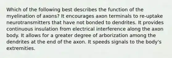 Which of the following best describes the function of the myelination of axons? It encourages axon terminals to re-uptake neurotransmitters that have not bonded to dendrites. It provides continuous insulation from electrical interference along the axon body. It allows for a greater degree of arborization among the dendrites at the end of the axon. It speeds signals to the body's extremities.