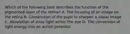 Which of the following best describes the function of the pigmented layer of the retina? A. The focusing of an image on the retina B. Constriction of the pupil to sharpen a visual image C. Absorption of stray light within the eye D. The conversion of light energy into an action potential