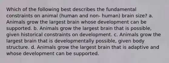 Which of the following best describes the fundamental constraints on animal (human and non- human) brain size? a. Animals grow the largest brain whose development can be supported. b. Animals grow the largest brain that is possible, given historical constraints on development. c. Animals grow the largest brain that is developmentally possible, given body structure. d. Animals grow the largest brain that is adaptive and whose development can be supported.