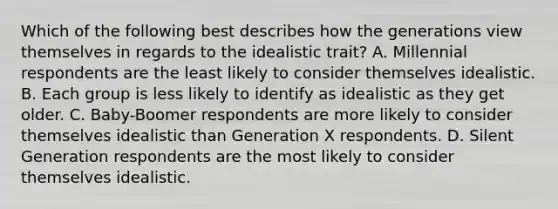 Which of the following best describes how the generations view themselves in regards to the idealistic trait? A. Millennial respondents are the least likely to consider themselves idealistic. B. Each group is less likely to identify as idealistic as they get older. C. Baby-Boomer respondents are more likely to consider themselves idealistic than Generation X respondents. D. Silent Generation respondents are the most likely to consider themselves idealistic.