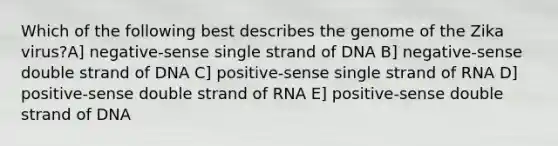 Which of the following best describes the genome of the Zika virus?A] negative-sense single strand of DNA B] negative-sense double strand of DNA C] positive-sense single strand of RNA D] positive-sense double strand of RNA E] positive-sense double strand of DNA