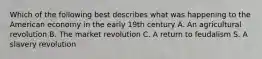 Which of the following best describes what was happening to the American economy in the early 19th century A. An agricultural revolution B. The market revolution C. A return to feudalism S. A slavery revolution