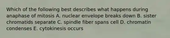 Which of the following best describes what happens during anaphase of mitosis A. nuclear envelope breaks down B. sister chromatids separate C. spindle fiber spans cell D. chromatin condenses E. cytokinesis occurs