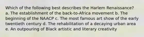 Which of the following best describes the Harlem Renaissance? a. The establishment of the back-to-Africa movement b. The beginning of the NAACP c. The most famous art show of the early twentieth century d. The rehabilitation of a decaying urban area e. An outpouring of Black artistic and literary creativity