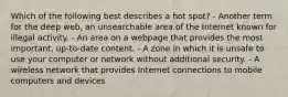 Which of the following best describes a hot spot? - Another term for the deep web, an unsearchable area of the Internet known for illegal activity. - An area on a webpage that provides the most important, up-to-date content. - A zone in which it is unsafe to use your computer or network without additional security. - A wireless network that provides Internet connections to mobile computers and devices