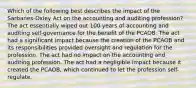 Which of the following best describes the impact of the Sarbanes-Oxley Act on the accounting and auditing profession? The act essentially wiped out 100 years of accounting and auditing self-governance for the benefit of the PCAOB. The act had a significant impact because the creation of the PCAOB and its responsibilities provided oversight and regulation for the profession. The act had no impact on the accounting and auditing profession. The act had a negligible impact because it created the PCAOB, which continued to let the profession self-regulate.