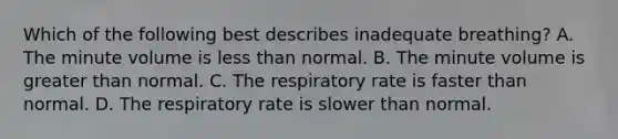 Which of the following best describes inadequate​ breathing? A. The minute volume is <a href='https://www.questionai.com/knowledge/k7BtlYpAMX-less-than' class='anchor-knowledge'>less than</a> normal. B. The minute volume is <a href='https://www.questionai.com/knowledge/ktgHnBD4o3-greater-than' class='anchor-knowledge'>greater than</a> normal. C. The respiratory rate is faster than normal. D. The respiratory rate is slower than normal.