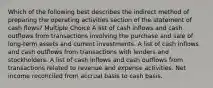 Which of the following best describes the indirect method of preparing the operating activities section of the statement of cash flows? Multiple Choice A list of cash inflows and cash outflows from transactions involving the purchase and sale of long-term assets and current investments. A list of cash inflows and cash outflows from transactions with lenders and stockholders. A list of cash inflows and cash outflows from transactions related to revenue and expense activities. Net income reconciled from accrual basis to cash basis.