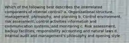 Which of the following best describes the interrelated components of internal control? a. Organizational structure, management, philosophy, and planning b. Control environment, risk assessment, control activities information and communication systems, and monitoring c. Risk assessment, backup facilities, responsibility accounting and natural laws d. Internal audit and management's philosophy and opening style.