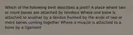 Which of the following best describes a joint? A place where two or more bones are attached by tendons Where one bone is attached to another by a tendon Formed by the ends of two or more bones coming together Where a muscle is attached to a bone by a ligament