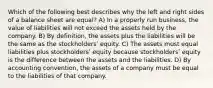 Which of the following best describes why the left and right sides of a balance sheet are equal? A) In a properly run business, the value of liabilities will not exceed the assets held by the company. B) By definition, the assets plus the liabilities will be the same as the stockholdersʹ equity. C) The assets must equal liabilities plus stockholdersʹ equity because stockholdersʹ equity is the difference between the assets and the liabilities. D) By accounting convention, the assets of a company must be equal to the liabilities of that company.