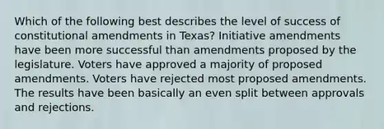 Which of the following best describes the level of success of constitutional amendments in Texas? Initiative amendments have been more successful than amendments proposed by the legislature. Voters have approved a majority of proposed amendments. Voters have rejected most proposed amendments. The results have been basically an even split between approvals and rejections.