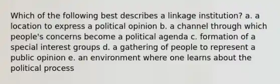 Which of the following best describes a linkage institution? a. a location to express a political opinion b. a channel through which people's concerns become a political agenda c. formation of a special interest groups d. a gathering of people to represent a public opinion e. an environment where one learns about the political process