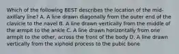 Which of the following BEST describes the location of the​ mid-axillary line? A. A line drawn diagonally from the outer end of the clavicle to the navel B. A line drawn vertically from the middle of the armpit to the ankle C. A line drawn horizontally from one armpit to the​ other, across the front of the body D. A line drawn vertically from the xiphoid process to the pubic bone