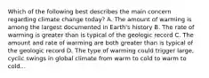 Which of the following best describes the main concern regarding climate change today? A. The amount of warming is among the largest documented in Earth's history B. The rate of warming is greater than is typical of the geologic record C. The amount and rate of warming are both greater than is typical of the geologic record D. The type of warming could trigger large, cyclic swings in global climate from warm to cold to warm to cold...