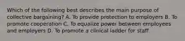 Which of the following best describes the main purpose of collective bargaining? A. To provide protection to employers B. To promote cooperation C. To equalize power between employees and employers D. To promote a clinical ladder for staff