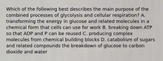 Which of the following best describes the main purpose of the combined processes of glycolysis and cellular respiration? A. transforming the energy in glucose and related molecules in a chemical form that cells can use for work B. breaking down ATP so that ADP and P can be reused C. producing complex molecules from chemical building blocks D. catabolism of sugars and related compounds the breakdown of glucose to carbon dioxide and water