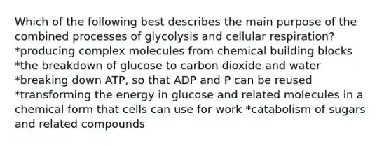 Which of the following best describes the main purpose of the combined processes of glycolysis and <a href='https://www.questionai.com/knowledge/k1IqNYBAJw-cellular-respiration' class='anchor-knowledge'>cellular respiration</a>? *producing complex molecules from chemical building blocks *the breakdown of glucose to carbon dioxide and water *breaking down ATP, so that ADP and P can be reused *transforming the energy in glucose and related molecules in a chemical form that cells can use for work *catabolism of sugars and related compounds