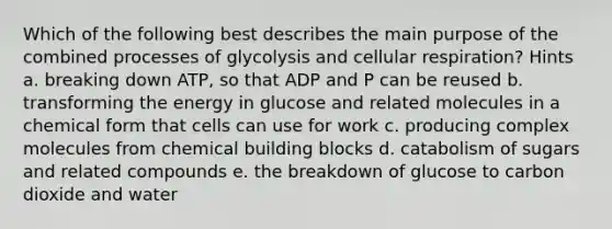 Which of the following best describes the main purpose of the combined processes of glycolysis and cellular respiration? Hints a. breaking down ATP, so that ADP and P can be reused b. transforming the energy in glucose and related molecules in a chemical form that cells can use for work c. producing complex molecules from chemical building blocks d. catabolism of sugars and related compounds e. the breakdown of glucose to carbon dioxide and water