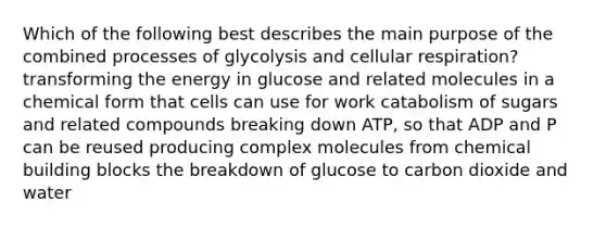 Which of the following best describes the main purpose of the combined processes of glycolysis and cellular respiration? transforming the energy in glucose and related molecules in a chemical form that cells can use for work catabolism of sugars and related compounds breaking down ATP, so that ADP and P can be reused producing complex molecules from chemical building blocks the breakdown of glucose to carbon dioxide and water