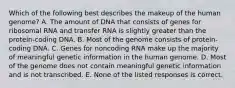 Which of the following best describes the makeup of the human genome? A. The amount of DNA that consists of genes for ribosomal RNA and transfer RNA is slightly greater than the protein-coding DNA. B. Most of the genome consists of protein-coding DNA. C. Genes for noncoding RNA make up the majority of meaningful genetic information in the human genome. D. Most of the genome does not contain meaningful genetic information and is not transcribed. E. None of the listed responses is correct.