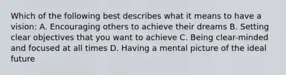 Which of the following best describes what it means to have a vision: A. Encouraging others to achieve their dreams B. Setting clear objectives that you want to achieve C. Being clear-minded and focused at all times D. Having a mental picture of the ideal future