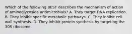 Which of the following BEST describes the mechanism of action of aminoglycoside antimicrobials? A. They target DNA replication. B. They inhibit specific metabolic pathways. C. They inhibit cell wall synthesis. D. They inhibit protein synthesis by targeting the 30S ribosome.