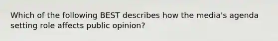 Which of the following BEST describes how the media's agenda setting role affects public opinion?