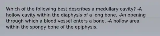 Which of the following best describes a medullary cavity? -A hollow cavity within the diaphysis of a long bone. -An opening through which a blood vessel enters a bone. -A hollow area within the spongy bone of the epiphysis.