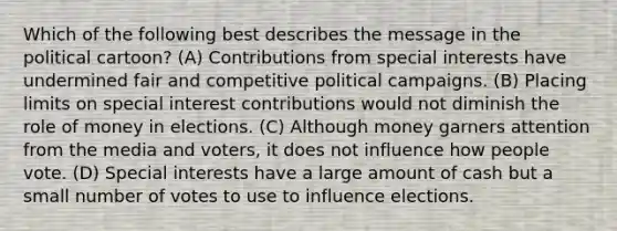 Which of the following best describes the message in the political cartoon? (A) Contributions from special interests have undermined fair and competitive political campaigns. (B) Placing limits on special interest contributions would not diminish the role of money in elections. (C) Although money garners attention from the media and voters, it does not influence how people vote. (D) Special interests have a large amount of cash but a small number of votes to use to influence elections.