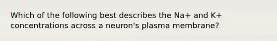 Which of the following best describes the Na+ and K+ concentrations across a neuron's plasma membrane?