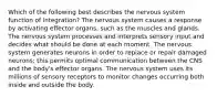 Which of the following best describes the nervous system function of integration? The nervous system causes a response by activating effector organs, such as the muscles and glands. The nervous system processes and interprets sensory input and decides what should be done at each moment. The nervous system generates neurons in order to replace or repair damaged neurons; this permits optimal communication between the CNS and the body's effector organs. The nervous system uses its millions of sensory receptors to monitor changes occurring both inside and outside the body.