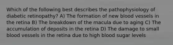 Which of the following best describes the pathophysiology of diabetic retinopathy? A) The formation of new blood vessels in the retina B) The breakdown of the macula due to aging C) The accumulation of deposits in the retina D) The damage to small blood vessels in the retina due to high blood sugar levels