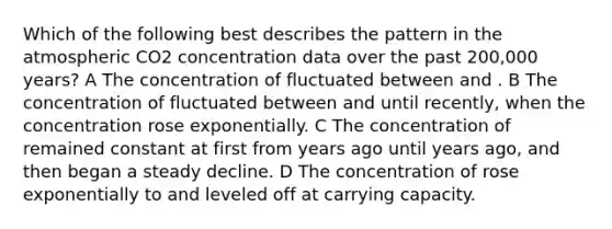 Which of the following best describes the pattern in the atmospheric CO2 concentration data over the past 200,000 years? A The concentration of fluctuated between and . B The concentration of fluctuated between and until recently, when the concentration rose exponentially. C The concentration of remained constant at first from years ago until years ago, and then began a steady decline. D The concentration of rose exponentially to and leveled off at carrying capacity.