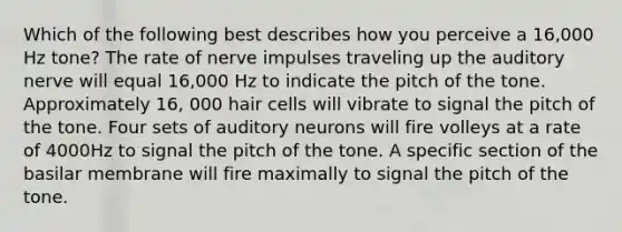 Which of the following best describes how you perceive a 16,000 Hz tone? The rate of nerve impulses traveling up the auditory nerve will equal 16,000 Hz to indicate the pitch of the tone. Approximately 16, 000 hair cells will vibrate to signal the pitch of the tone. Four sets of auditory neurons will fire volleys at a rate of 4000Hz to signal the pitch of the tone. A specific section of the basilar membrane will fire maximally to signal the pitch of the tone.