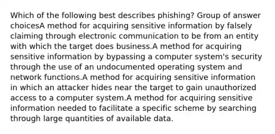 Which of the following best describes phishing? Group of answer choicesA method for acquiring sensitive information by falsely claiming through electronic communication to be from an entity with which the target does business.A method for acquiring sensitive information by bypassing a computer system's security through the use of an undocumented operating system and network functions.A method for acquiring sensitive information in which an attacker hides near the target to gain unauthorized access to a computer system.A method for acquiring sensitive information needed to facilitate a specific scheme by searching through large quantities of available data.