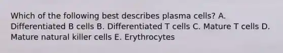 Which of the following best describes plasma cells? A. Differentiated B cells B. Differentiated T cells C. Mature T cells D. Mature natural killer cells E. Erythrocytes