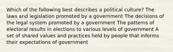 Which of the following best describes a political culture? The laws and legislation promoted by a government The decisions of the legal system promoted by a government The patterns of electoral results in elections to various levels of government A set of shared values and practices held by people that informs their expectations of government