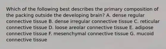 Which of the following best describes the primary composition of the packing outside the developing brain? A. dense regular connective tissue B. dense irregular connective tissue C. reticular connective tissue D. loose areolar connective tissue E. adipose connective tissue F. mesenchymal connective tissue G. mucoid connective tissue